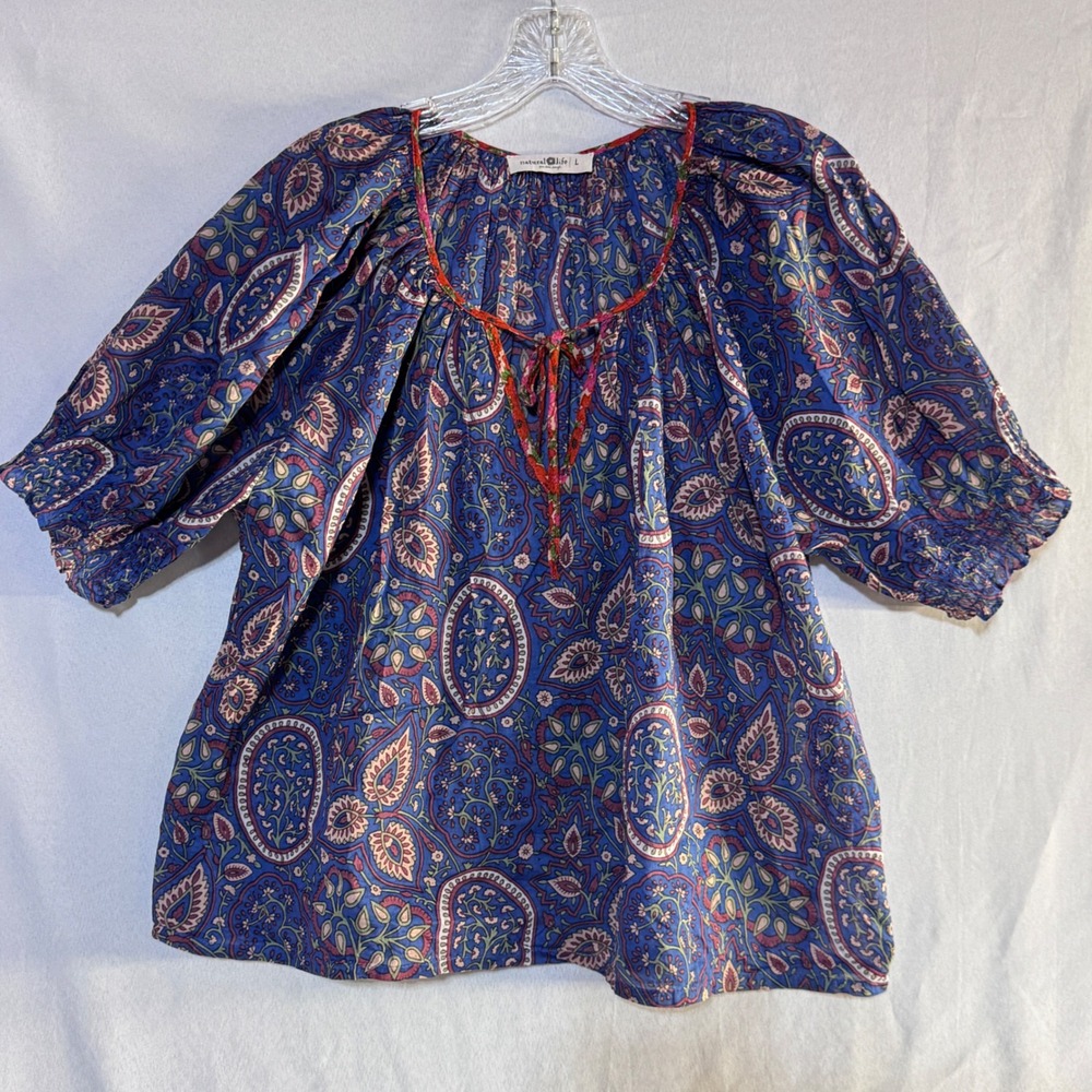 Natural Life Peasant Blouse Womens Large Blue Paisley Boho Cottagecore Top